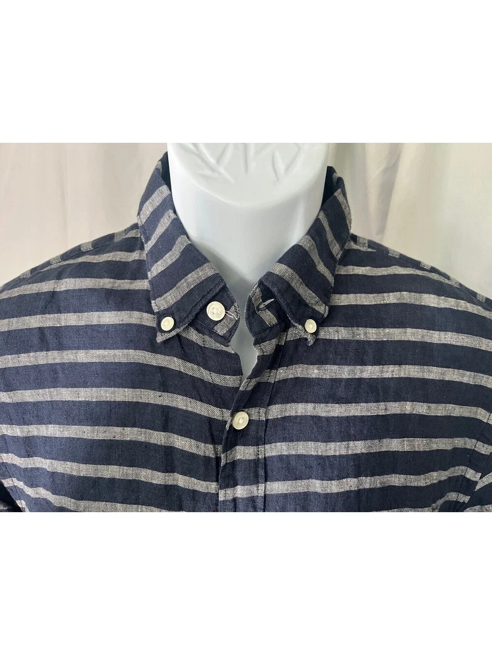 J. Crew Men's Navy Blue Gray Striped Short Sleeve 100% Linen Shirt Medium M